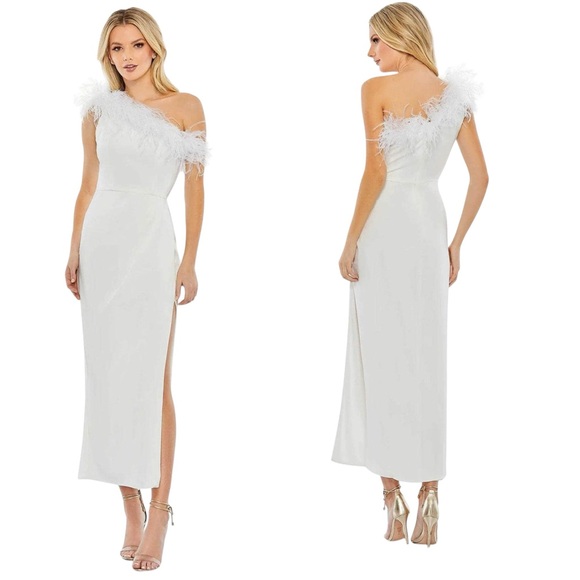 Mac Duggal White Feather Trim One Shoulder Draped Dress Size